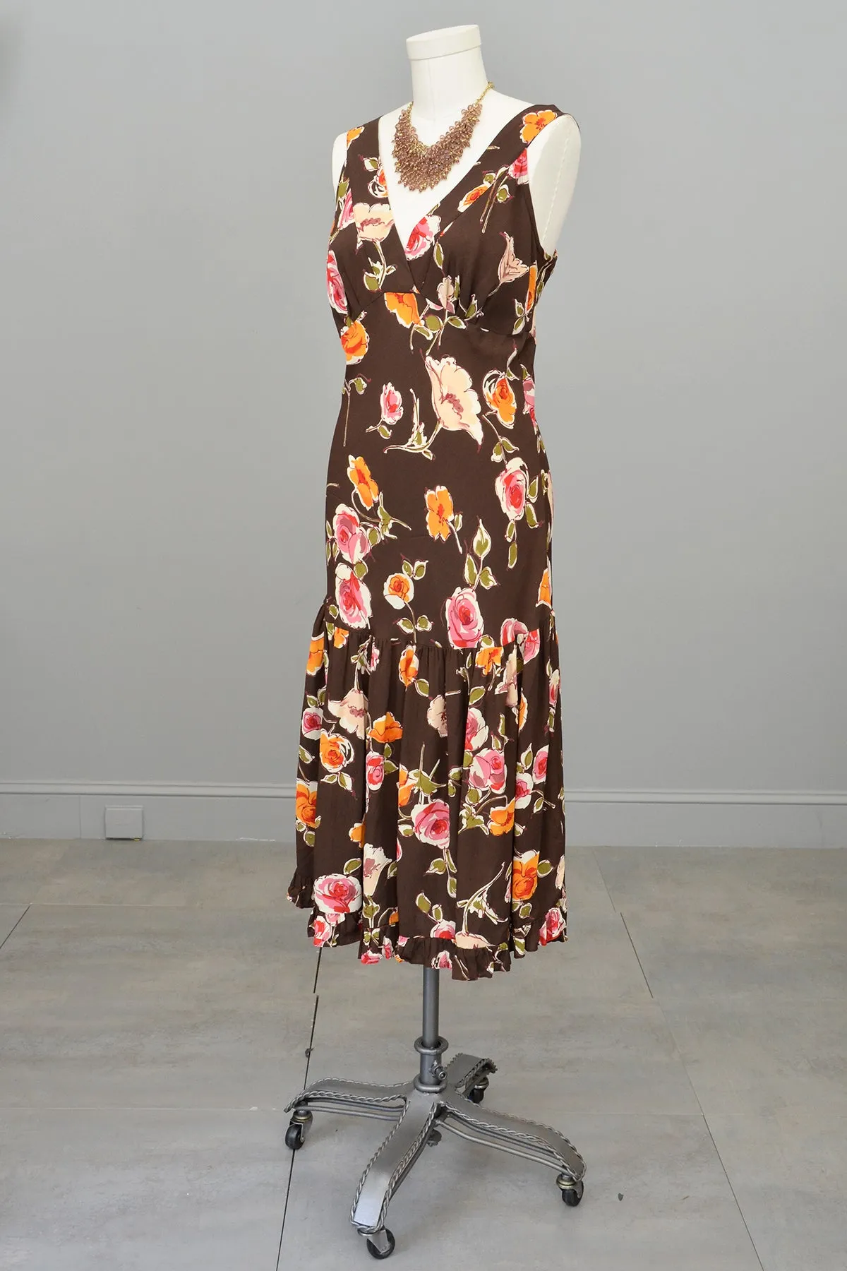 1970s or 90s doing 30s Brown Floral Print Bias Style Dress