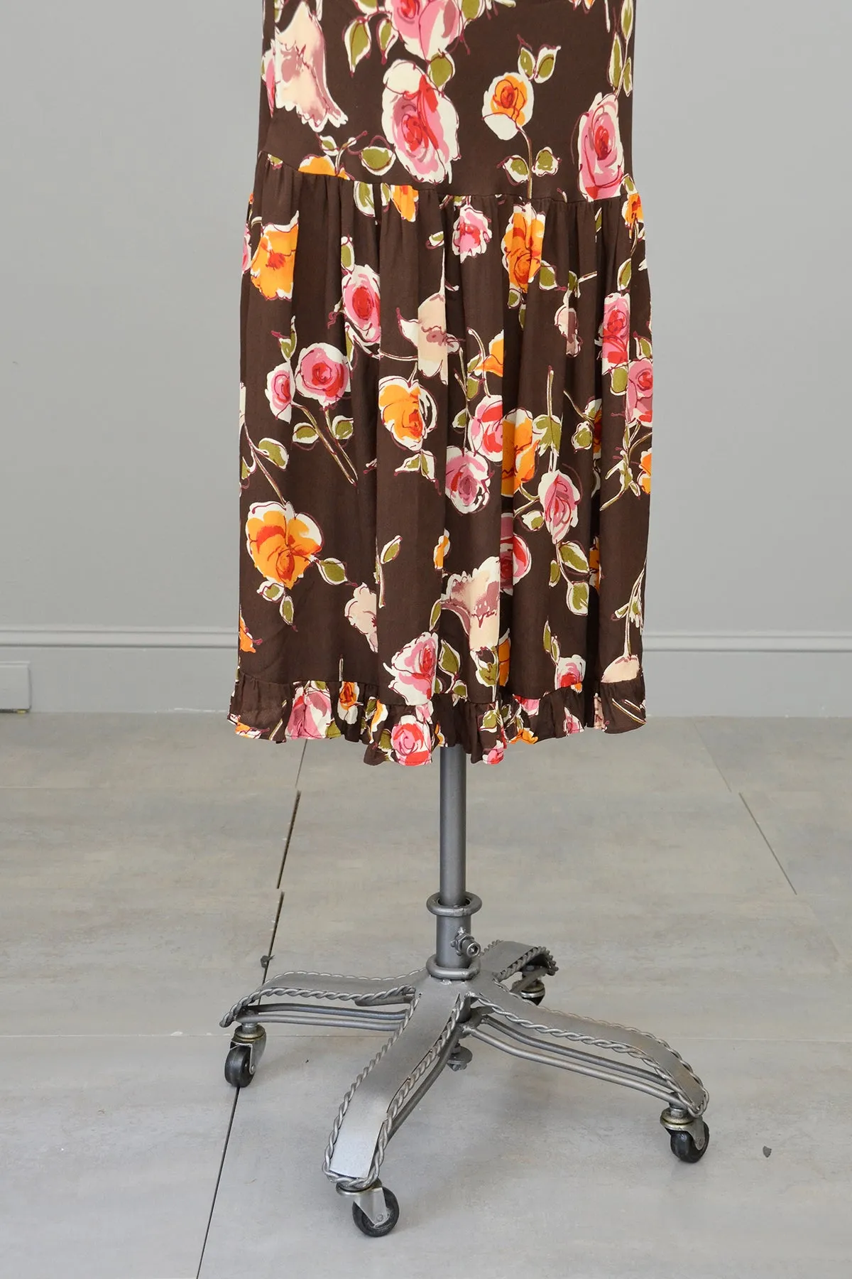 1970s or 90s doing 30s Brown Floral Print Bias Style Dress