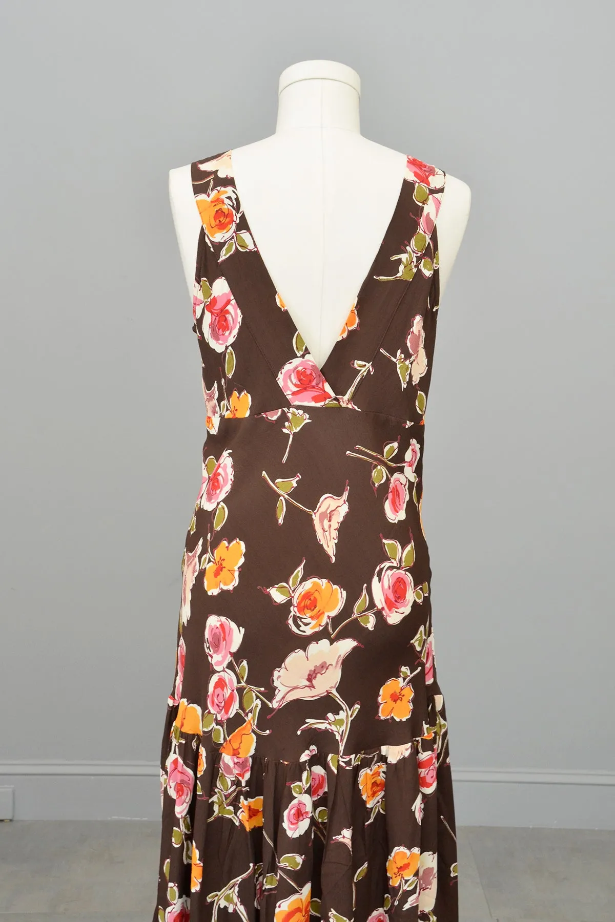 1970s or 90s doing 30s Brown Floral Print Bias Style Dress