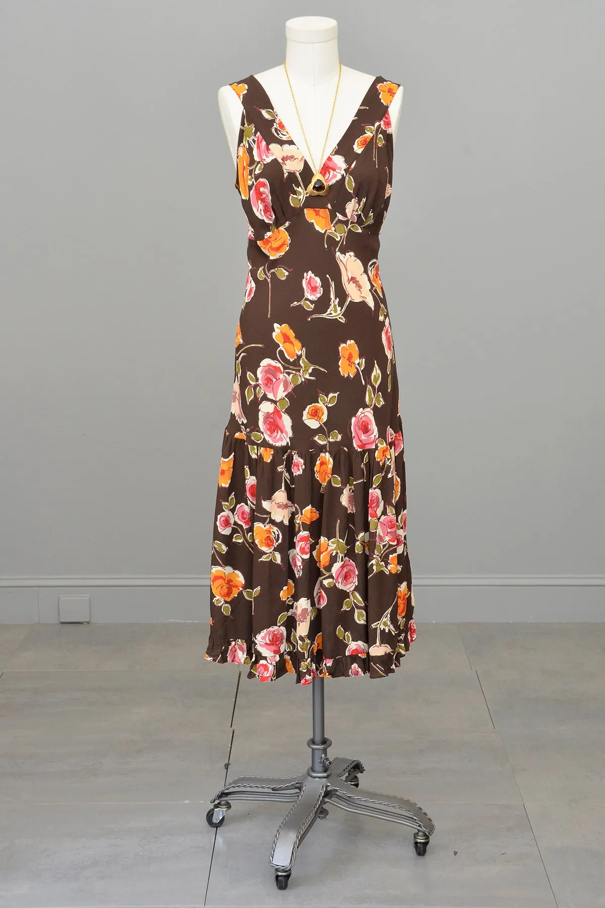 1970s or 90s doing 30s Brown Floral Print Bias Style Dress