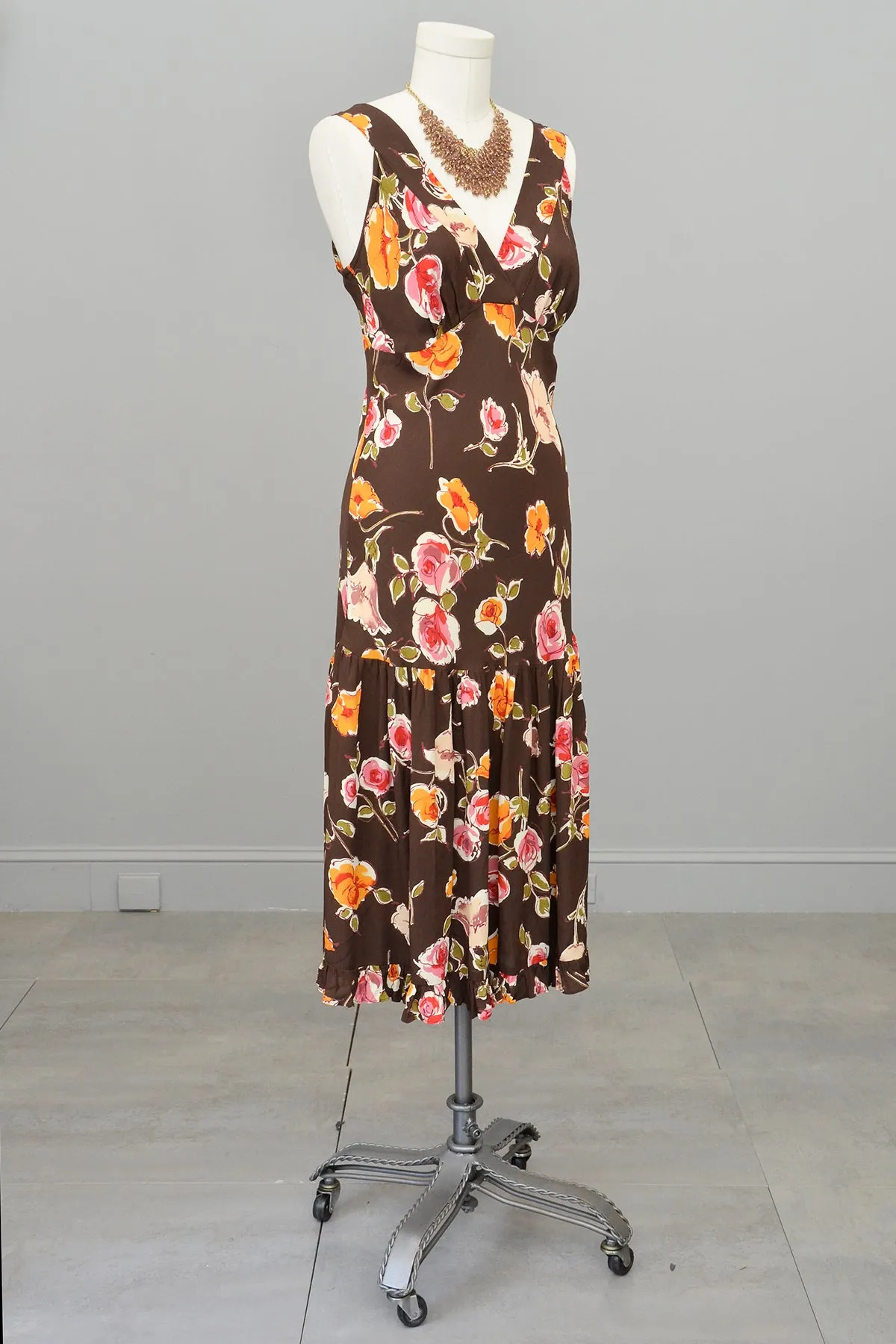 1970s or 90s doing 30s Brown Floral Print Bias Style Dress