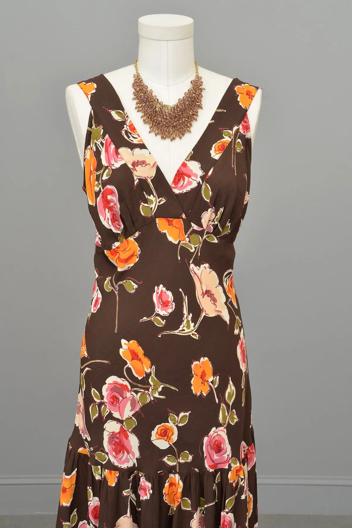 1970s or 90s doing 30s Brown Floral Print Bias Style Dress