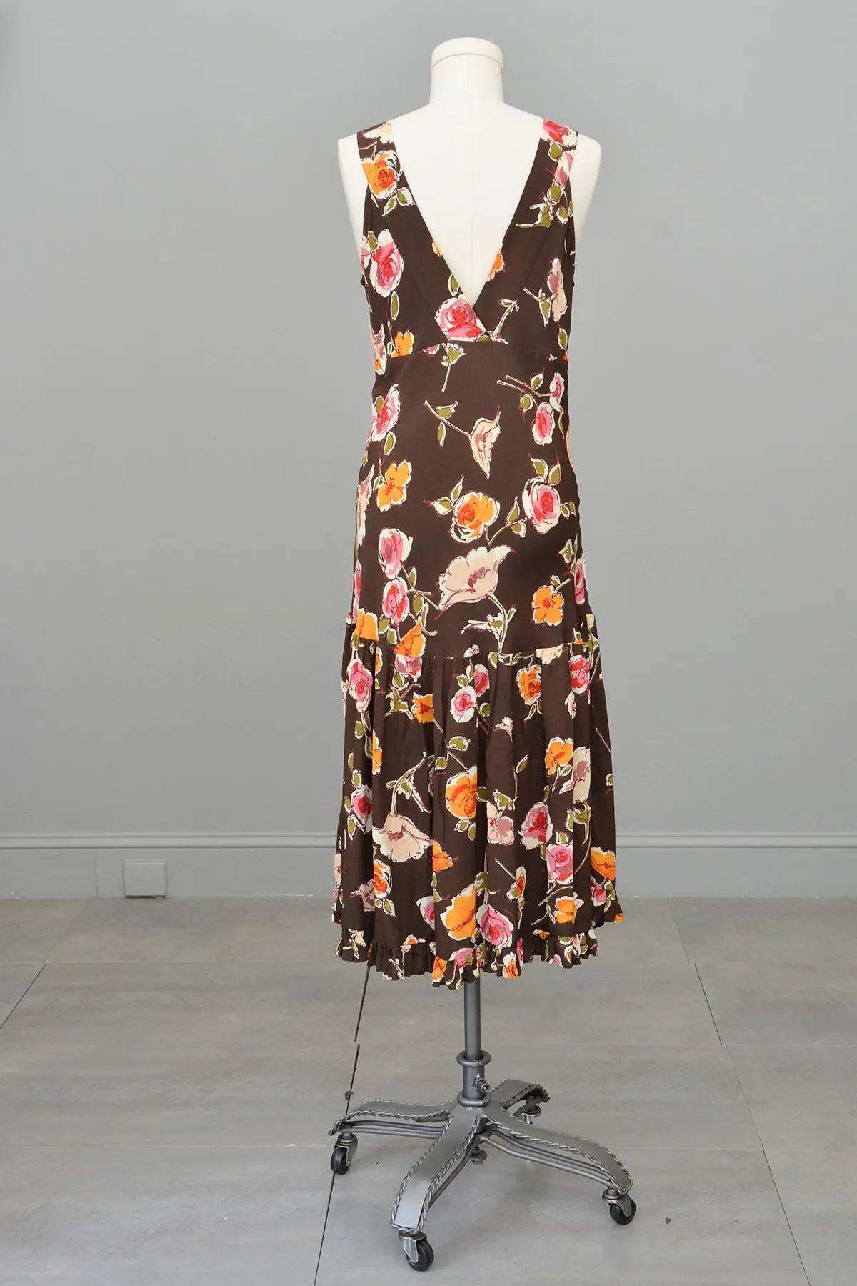 1970s or 90s doing 30s Brown Floral Print Bias Style Dress