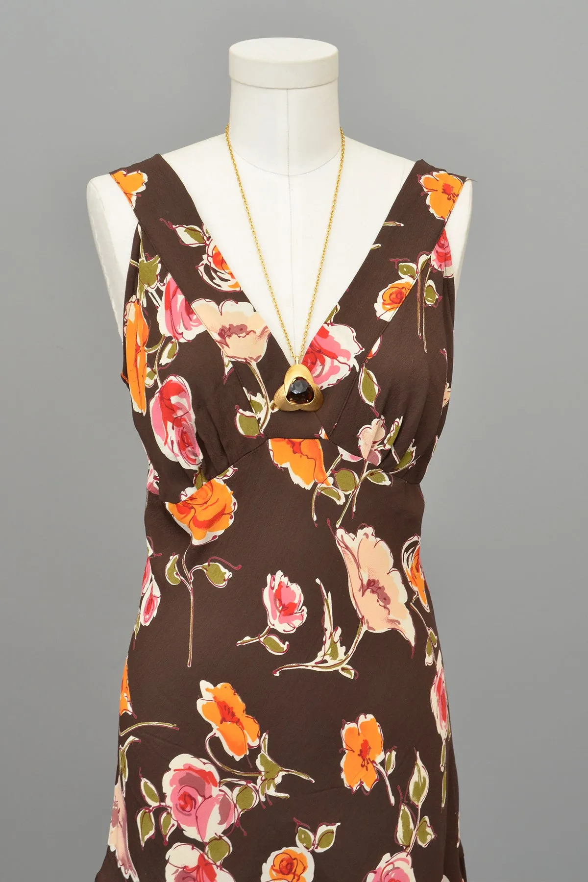 1970s or 90s doing 30s Brown Floral Print Bias Style Dress