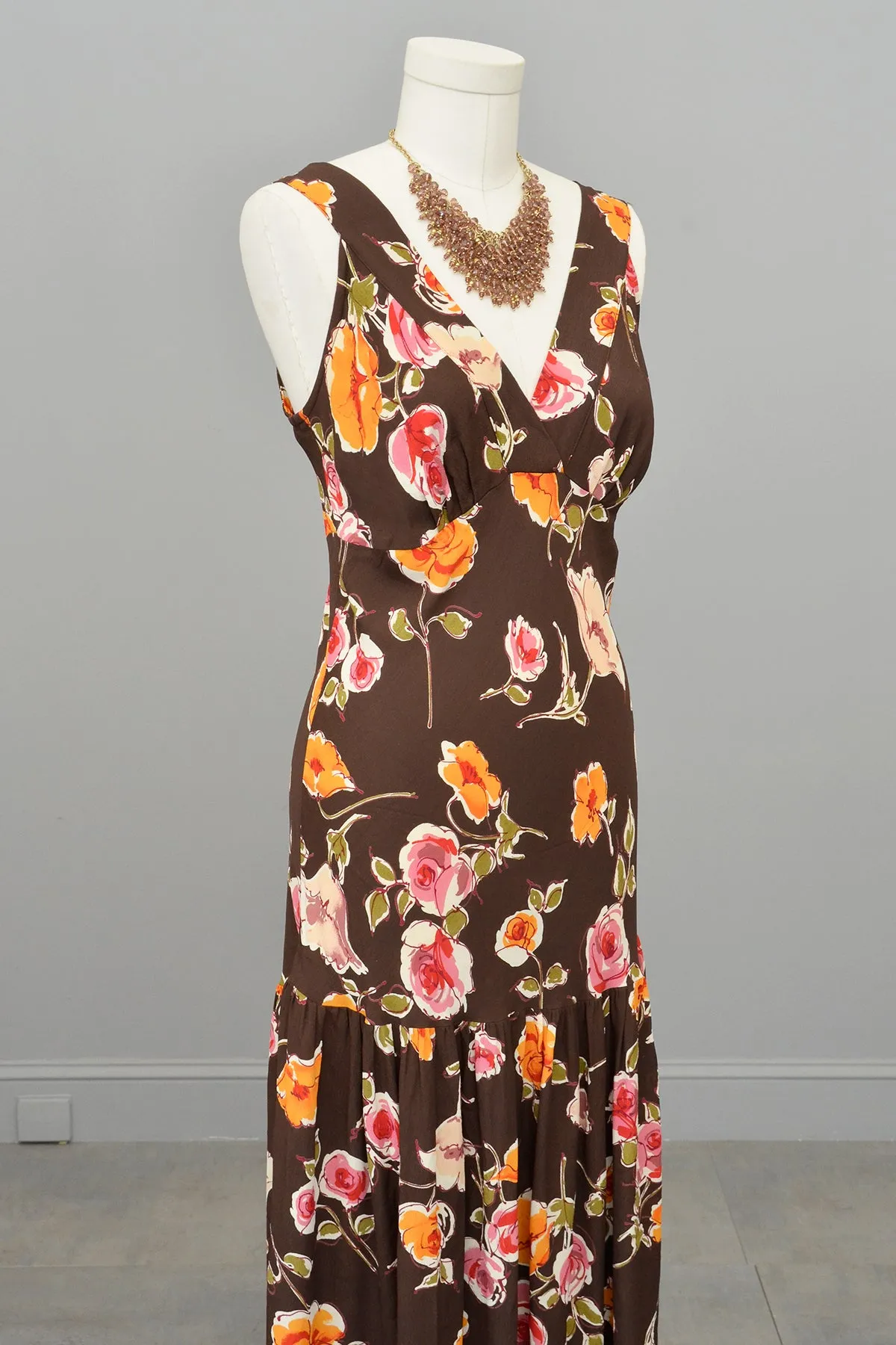 1970s or 90s doing 30s Brown Floral Print Bias Style Dress