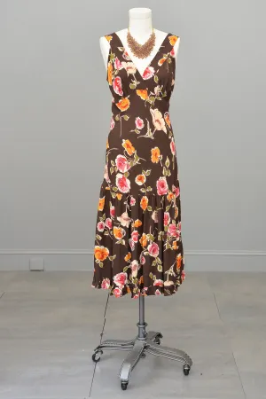 1970s or 90s doing 30s Brown Floral Print Bias Style Dress