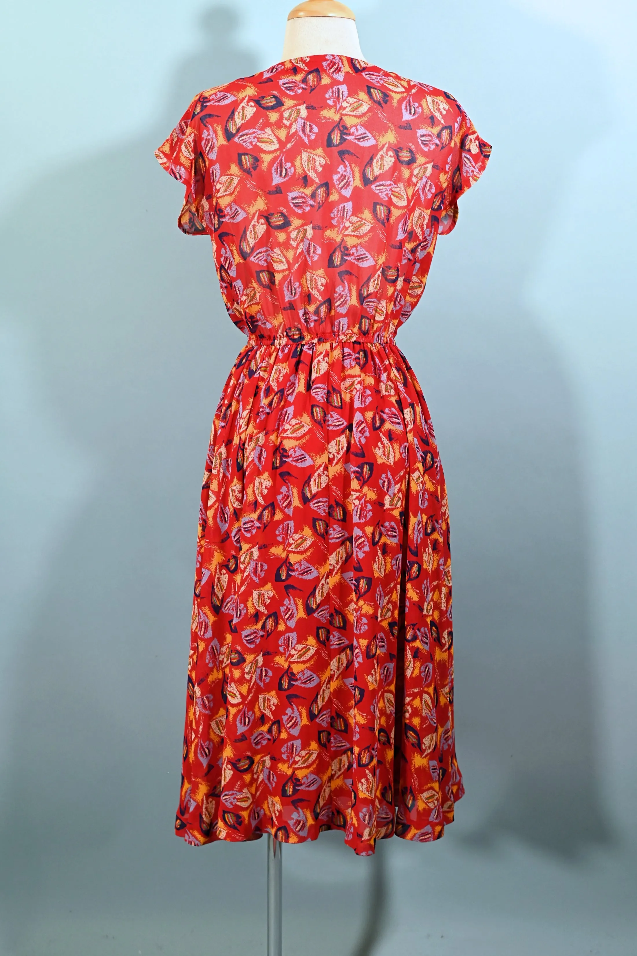 70s Red Abstract Print Semi Sheer Dress, Fuller Skirt Elastic Waist S/M