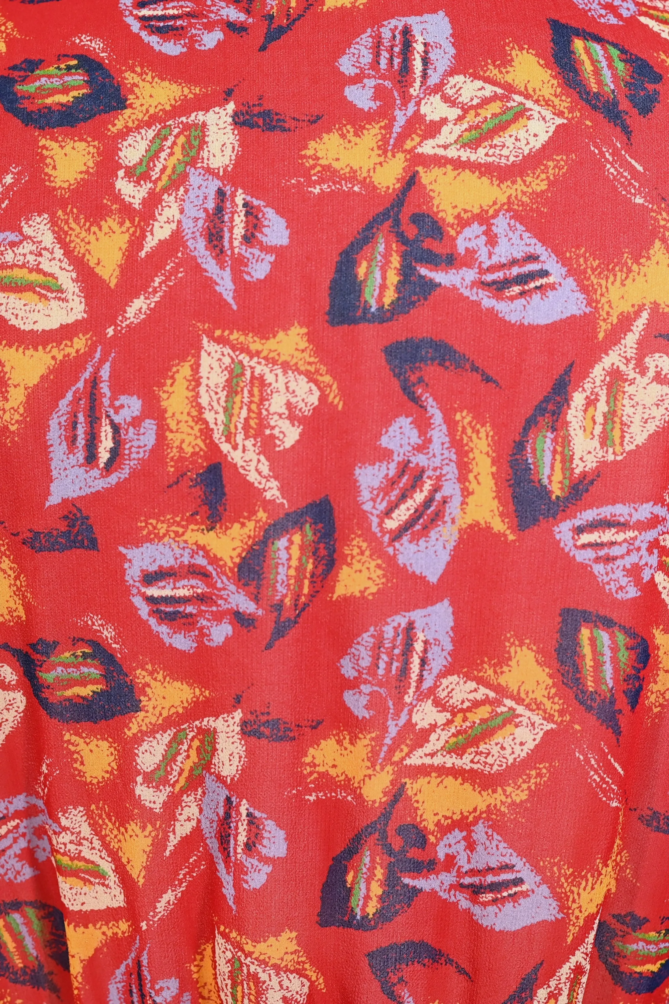 70s Red Abstract Print Semi Sheer Dress, Fuller Skirt Elastic Waist S/M