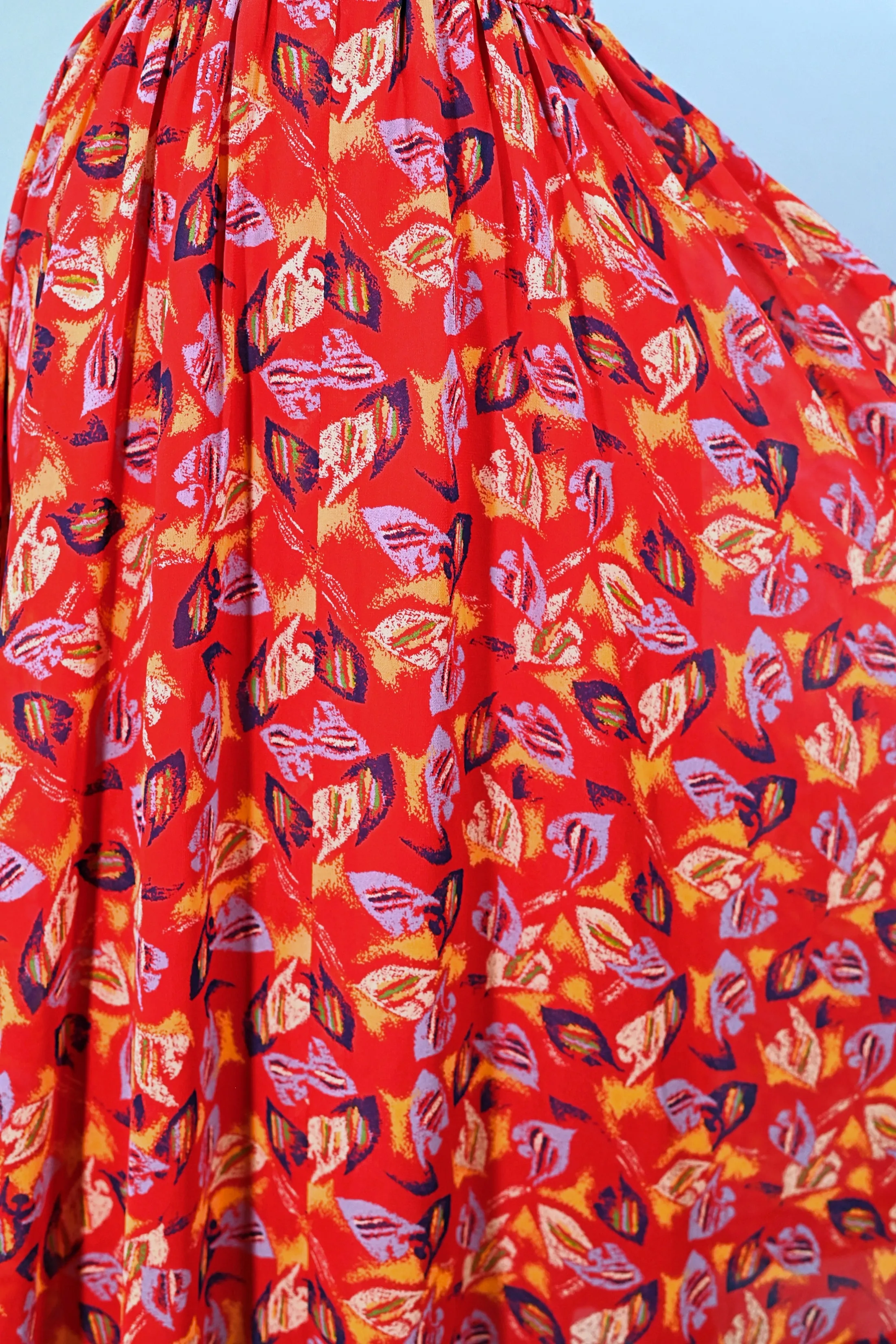 70s Red Abstract Print Semi Sheer Dress, Fuller Skirt Elastic Waist S/M