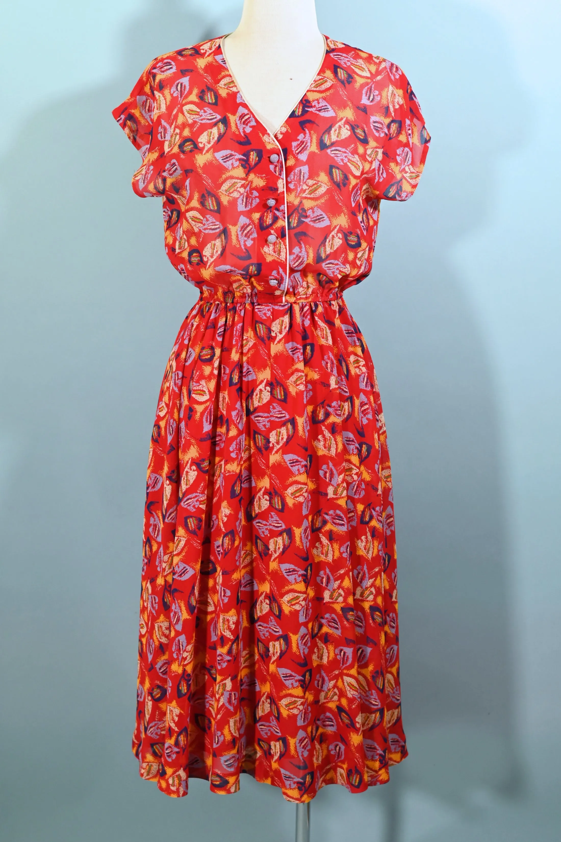 70s Red Abstract Print Semi Sheer Dress, Fuller Skirt Elastic Waist S/M