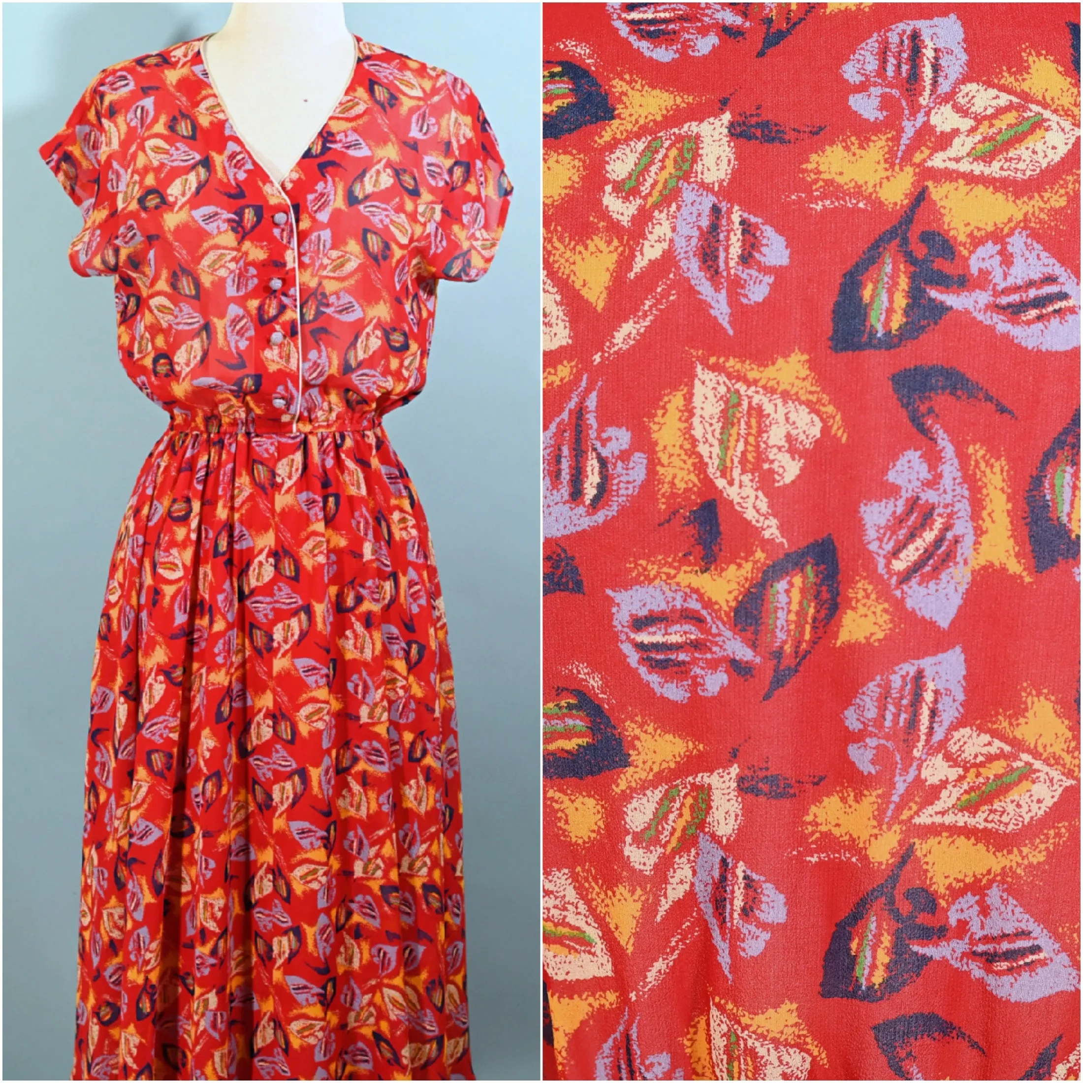 70s Red Abstract Print Semi Sheer Dress, Fuller Skirt Elastic Waist S/M