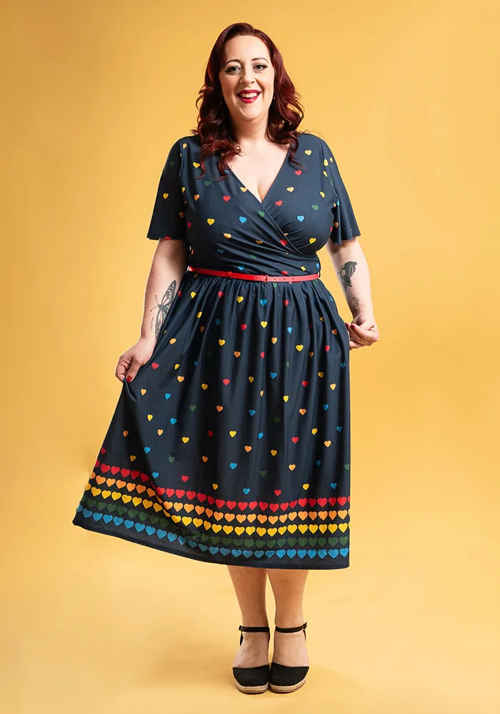 Alexis Navy Rainbow Heart Print Midi Dress