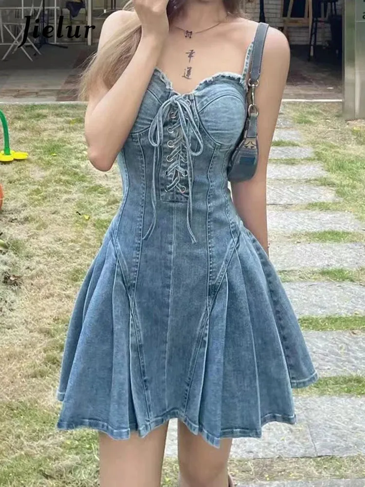 American Style Sexy Strapless Denim Dresses Vintage Blue Slim Waist Lace-up Zipper Summer Female Dress Chic High Street