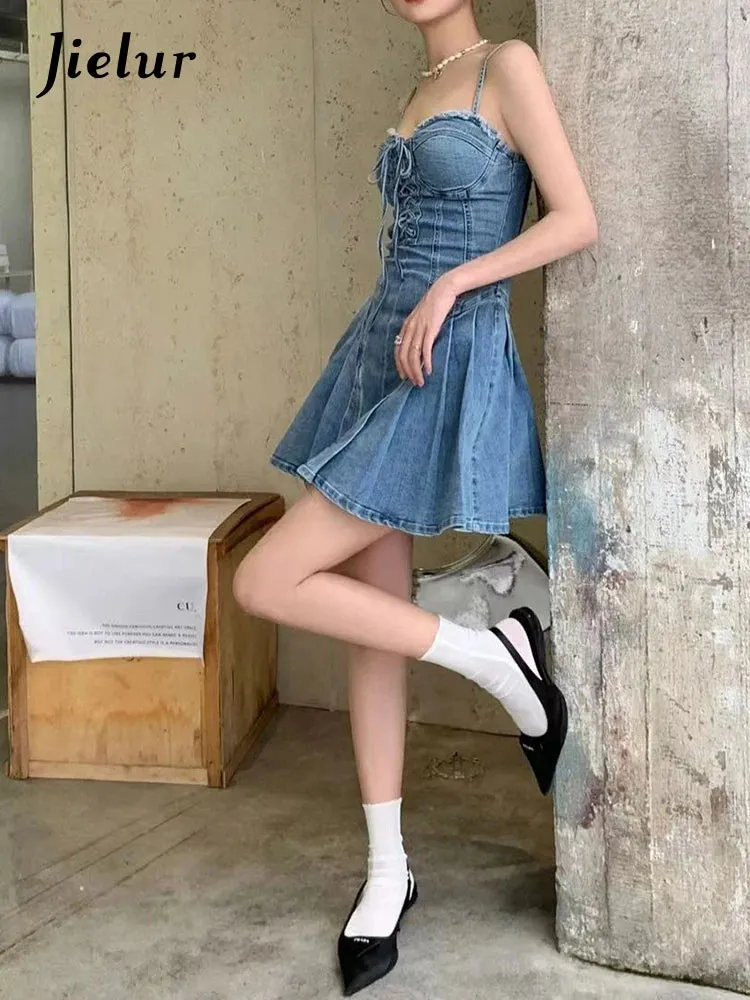 American Style Sexy Strapless Denim Dresses Vintage Blue Slim Waist Lace-up Zipper Summer Female Dress Chic High Street