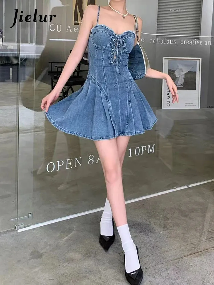 American Style Sexy Strapless Denim Dresses Vintage Blue Slim Waist Lace-up Zipper Summer Female Dress Chic High Street