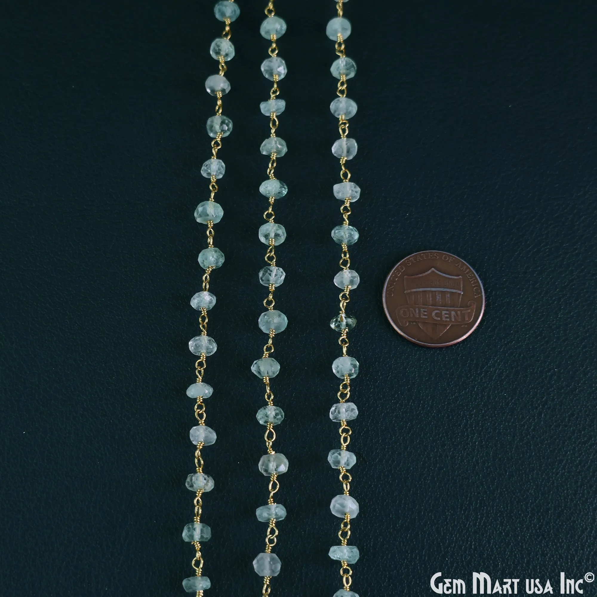 Aquamarine Faceted 5-6mm Gold Wire Wrapped Beads Rosary Chain