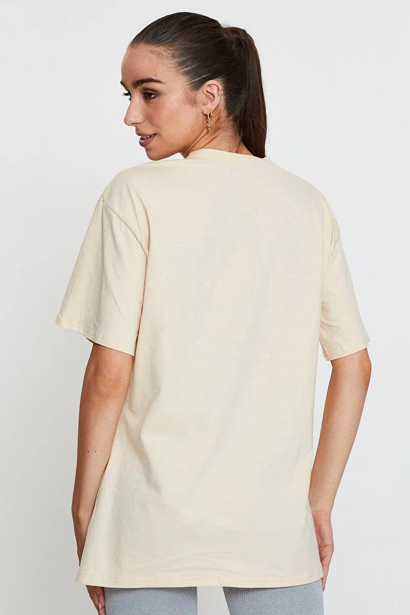 Beige Graphic T Shirt Short Sleeve Oversized