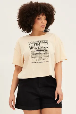 Beige Short Sleeve Graphic Crop T Shirt