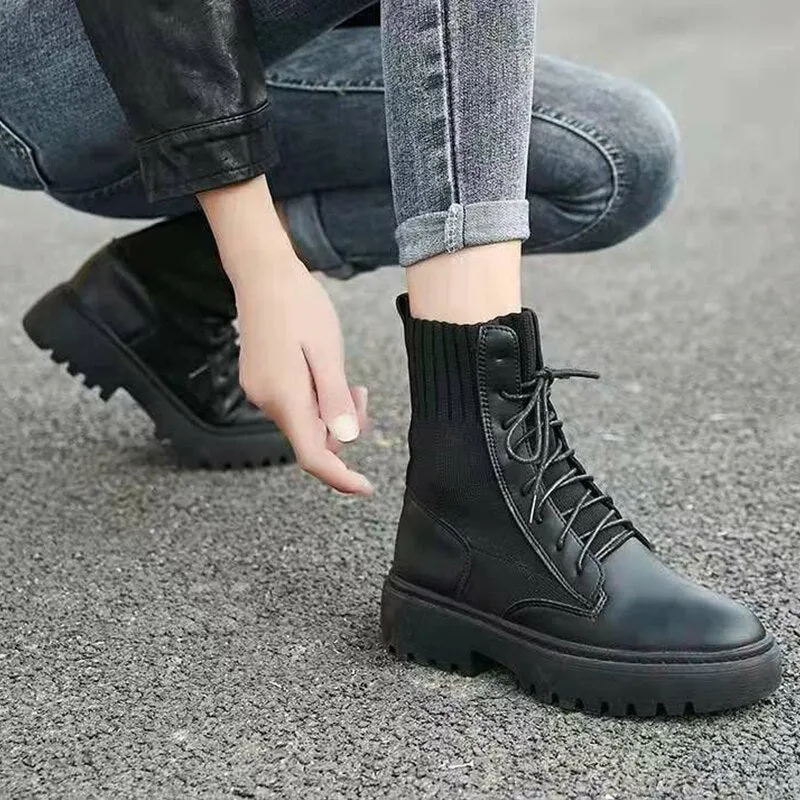 Christmas Gift Fashion Boots Women Lace Up Comfort Platform Mid Calf Boots Woman Sock Shoes Ladies No Slip Flats Boots Autumn Botas Female