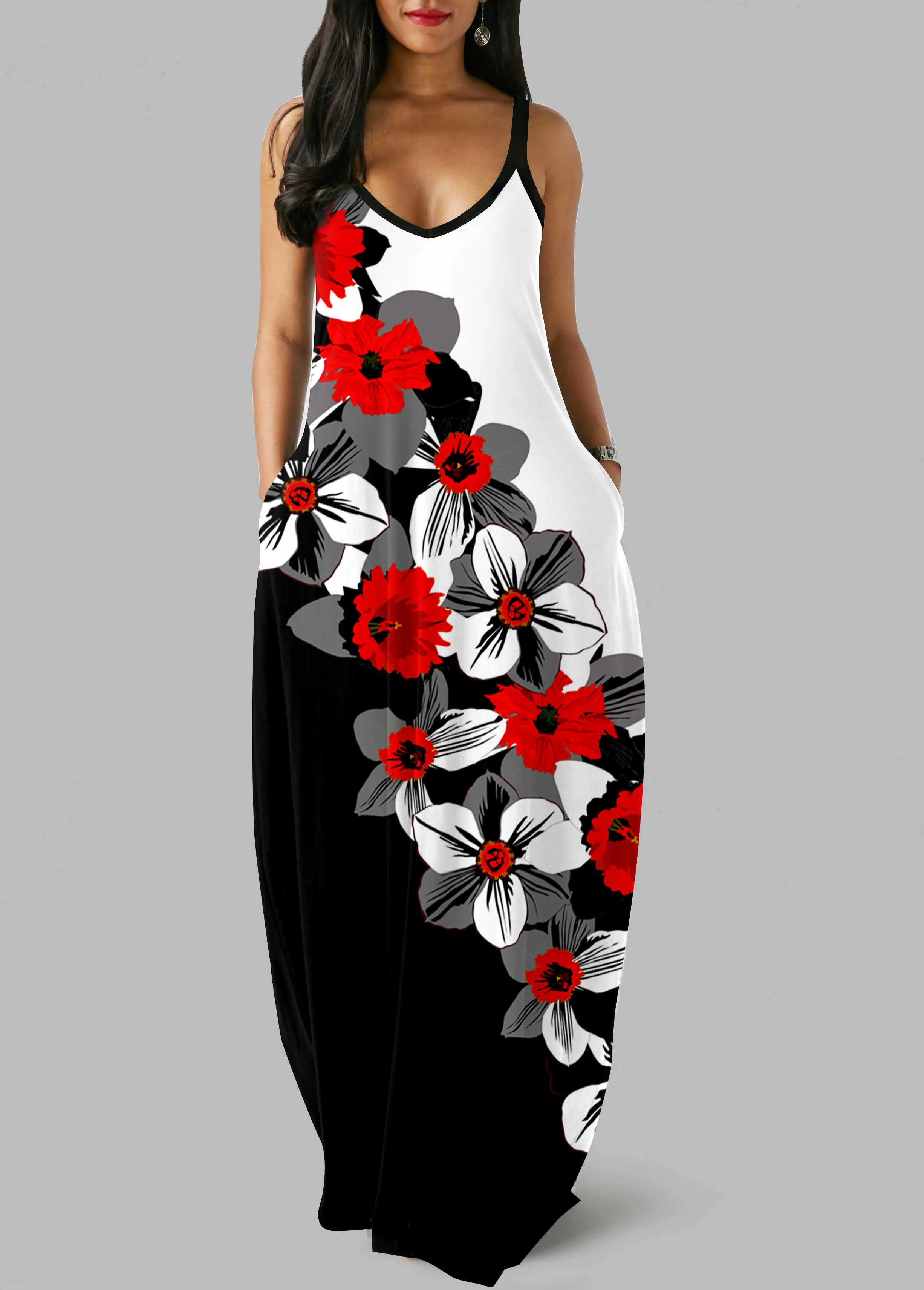 Floral Print Side Pocket Color Block Maxi Dress