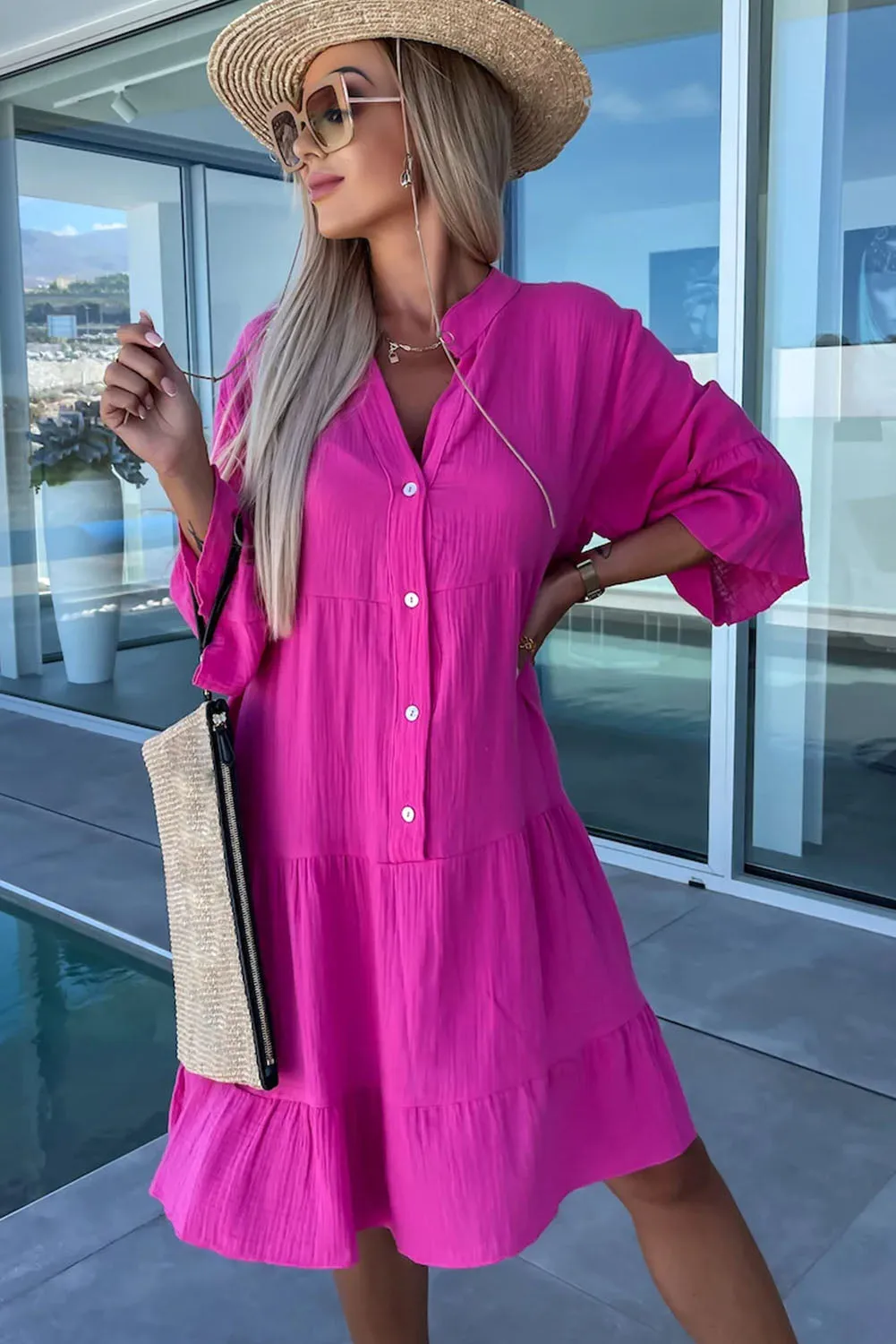 Rose Crinkled Tiered Split Neck Shirt Dress