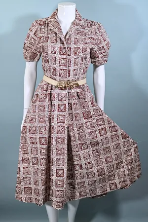 Vintage 40s Novelty Print Cottagecore Dress, Pockets 29" Waist M